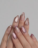 Caramel Petal press-on nails video with rose chrome French tips and gold baroque details