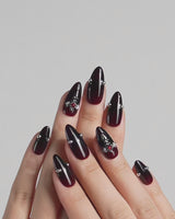 The Curse press-on nails — red to black gradient glossy chrome studs gothic cross charm handmade nail art by Joyee Nails