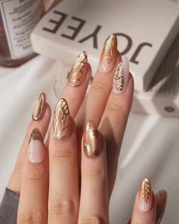 Gilded Wings Medium Almond with gold and silver luxury non-3D handmade press-on nails - product video