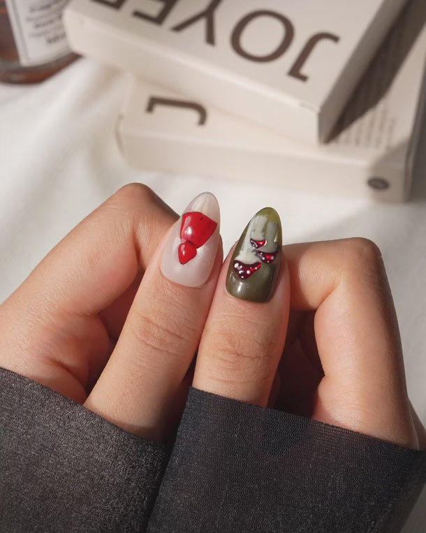 Little Red Riding Hood Short Almond with multicolored cute 3D handmade press-on nails - product video