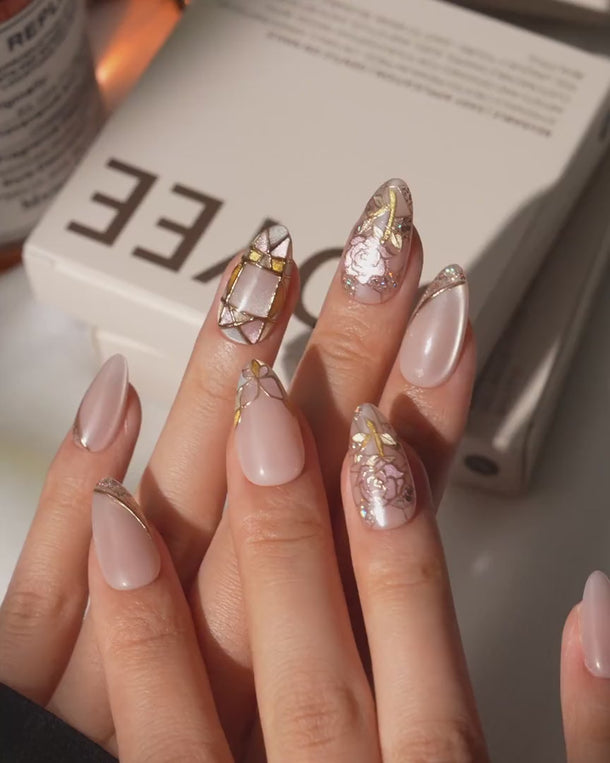 Venetian glass press on nails video with stained-glass roses and gold line on nude