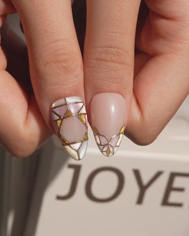 Venetian glass press on nails video with stained-glass roses and gold line on nude