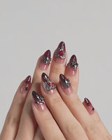 Crimson Veil press-on nails — Red & Black Gradient, 3D Punk Heart & Spider. handmade nail art by Joyee Nails