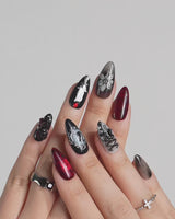 Dark Fairytale press-on nails — Black Red Gothic, 3D Rose Cross. handmade nail art by Joyee Nails