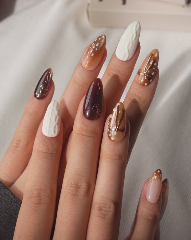 Shy Fawn Medium Almond with brown cute animal non-3D handmade press-on nails - product video