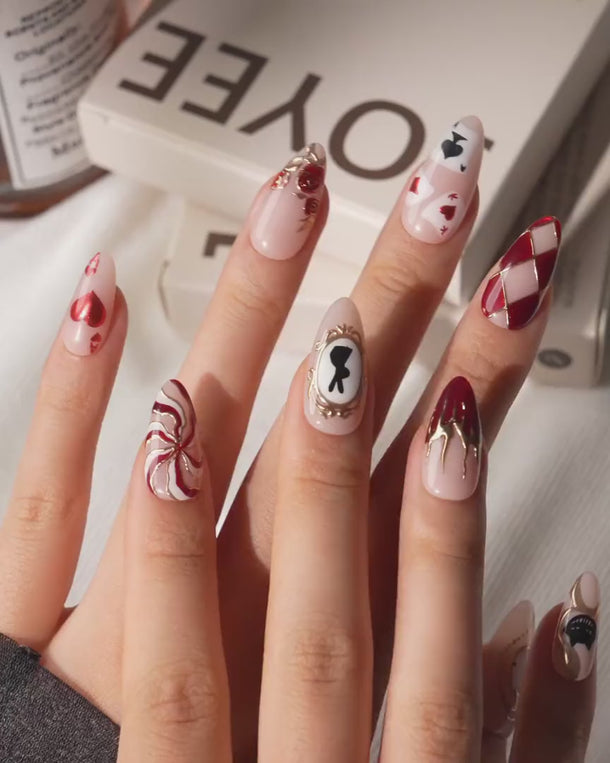 Alice in Wonderland Medium Almond with red luxury non-3D handmade press-on nails - product video