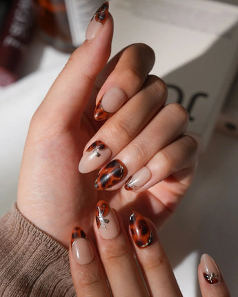 Joyee Nails Pumpkin Patch handmade fall almond press-on nails with cozy tortoise art
