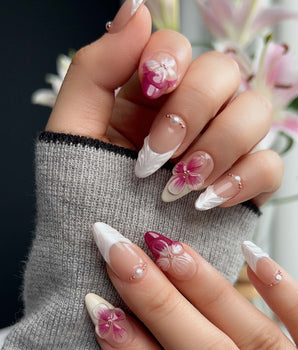 Duchess Purple floral press-on nails with soft magenta French design and spring blossoms
