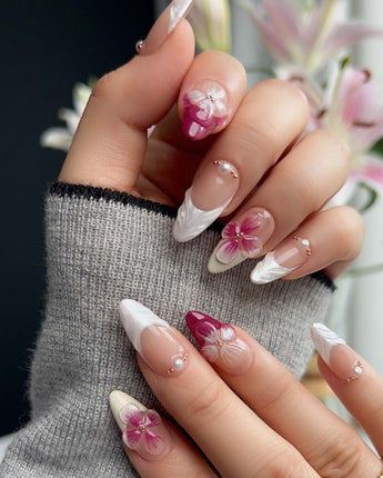 Duchess Purple floral press-on nails with soft magenta French design and spring blossoms