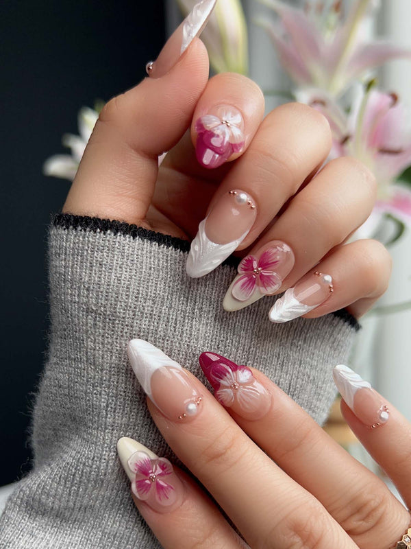 Purple floral press-on nail set for weddings and spring events
