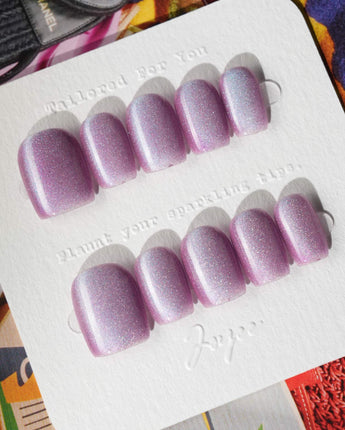 Purple planet press-on nails in extra short square shape — Lavender Purple, Teal Shift Cat-eye