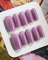 Purple planet press-on nails in medium square shape — Lavender Purple, Teal Shift Cat-eye