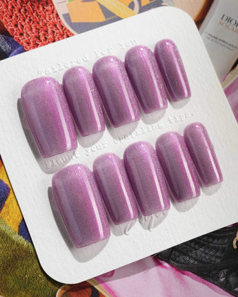 Purple planet press-on nails in medium square shape — Lavender Purple, Teal Shift Cat-eye