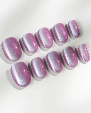 Purple planet press-on nails in short oval shape — Lavender Purple, Teal Shift Cat-eye