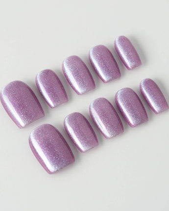 Purple planet press-on nails in short square shape — Lavender Purple, Teal Shift Cat-eye