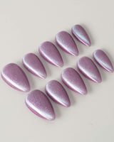 Purple planet press-on nails in short stiletto shape — Lavender Purple, Teal Shift Cat-eye