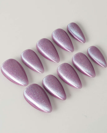 Purple planet press-on nails in short stiletto shape — Lavender Purple, Teal Shift Cat-eye