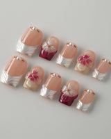 Duchess Purple square nails with magenta floral French design and raised blossom accents