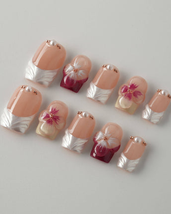 Duchess Purple square nails with magenta floral French design and raised blossom accents