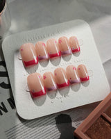 Spring Red Flower Nails press-on nails — pink floral french tip nails handmade nail art by Joyee Nails