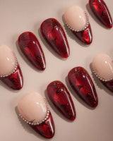 Brocade press-on nails with vintage baroque red, deep rose prints and silver bead chain accents