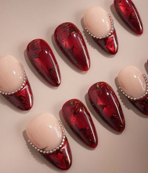 Brocade handmade press-on nails featuring Vintage Baroque Red, Deep Red Rose Prints & Silver Bead Chain Accents.