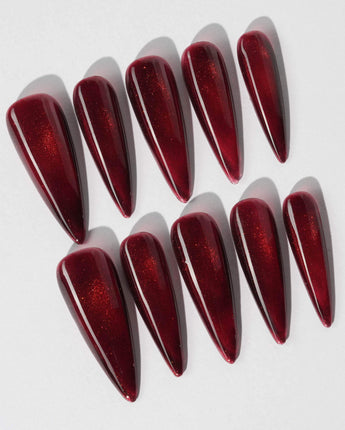 Deep Red Cat eye Nails press-on nails — red cat eye christmas holiday handmade nail art by Joyee Nails