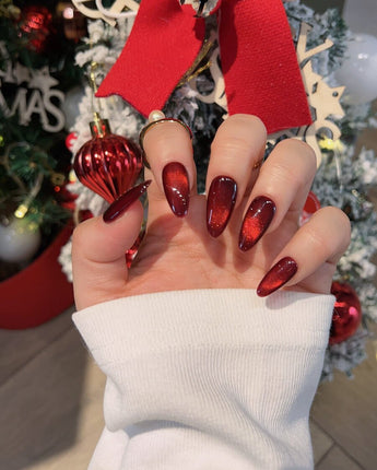 Deep Red Cat eye Nails press-on nails — red cat eye christmas holiday handmade nail art by Joyee Nails