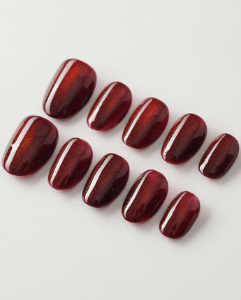 Deep Red Cat eye Nails press-on nails — red cat eye christmas holiday handmade nail art by Joyee Nails