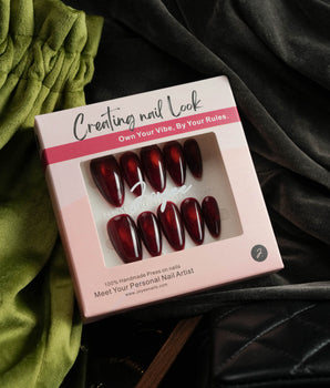Deep Red Cat eye Nails press-on nail set — red cat eye christmas holiday design, hand-painted with real gel polish
