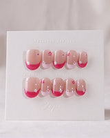 Spring Red Flower Nails press-on nails — pink floral french tip nails handmade nail art by Joyee Nails