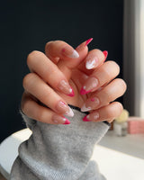 Spring Red Flower Nails press-on nail set — pink floral french tip nails design, hand-painted with real gel polish