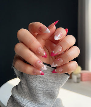 Spring Red Flower Nails press-on nail set — pink floral french tip nails design, hand-painted with real gel polish