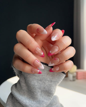 Spring Red Flower Nails press-on nail set — pink floral french tip nails design, hand-painted with real gel polish