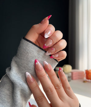 Spring Red Flower Nails handmade press-on nails featuring pink floral french tip nails