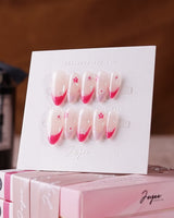 Spring Red Flower Nails press-on nails — pink floral french tip nails handmade nail art by Joyee Nails
