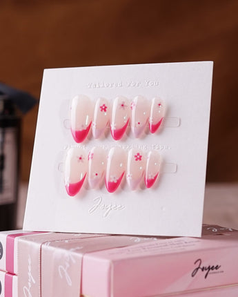 Spring Red Flower Nails press-on nails — pink floral french tip nails handmade nail art by Joyee Nails