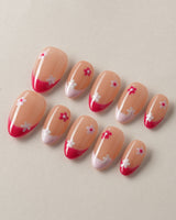 Spring Red Flower Nails press-on nails — pink floral french tip nails handmade nail art by Joyee Nails