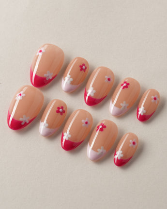 Spring Red Flower Nails press-on nails — pink floral french tip nails handmade nail art by Joyee Nails