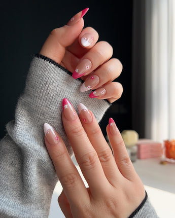 Spring Red Flower Nails nail art close-up showing pink floral french tip nails details