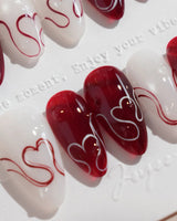 Red String nails in short almond — Deep Wine Red &