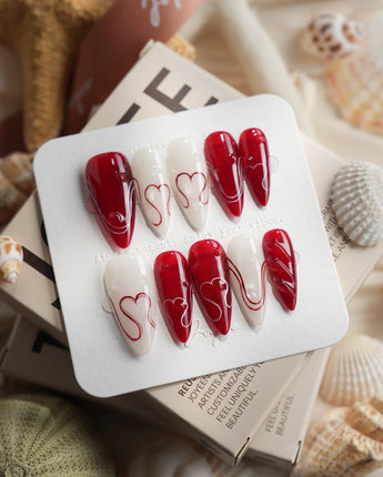 Red String Medium Stiletto press on nails, handmade custom nails by Joyeenails