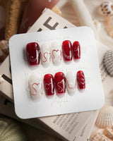 Red String Short Coffin press on nails, handmade custom nails by Joyeenails
