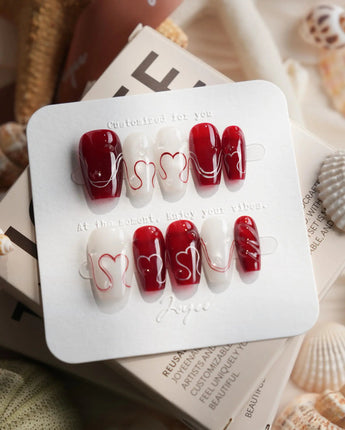 Red String Short Coffin press on nails, handmade custom nails by Joyeenails