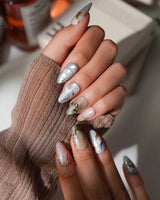 Renaissance Fresco elegant press-on nails with soft clouds, stars and pastel marble