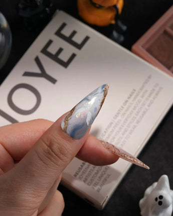 Renaissance Fresco handmade press-on nails in long stiletto shape by Joyee Nails