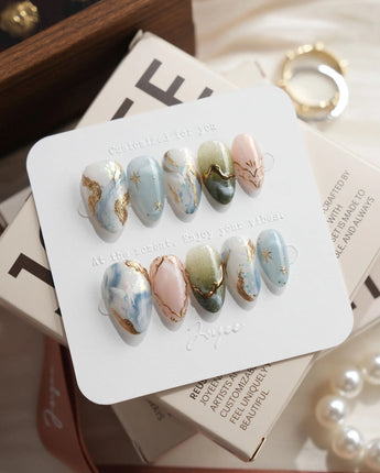 Renaissance Fresco Extra Short Almond press on nails, handmade custom nails by Joyeenails