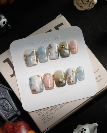 Renaissance Fresco handmade press-on nails in extra short coffin shape by Joyee Nails