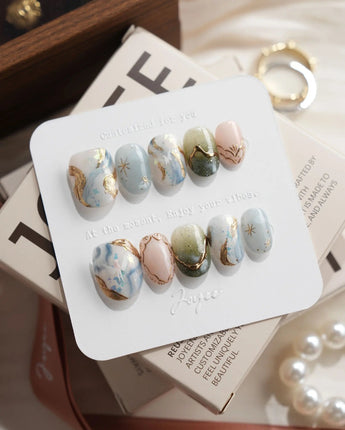 Renaissance Fresco Extra Short Oval press on nails, handmade custom nails by Joyeenails