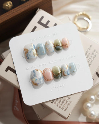 Renaissance Fresco Extra Short Squoval press on nails, handmade custom nails by Joyeenails
